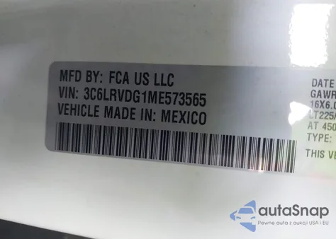 2021 Ram Promaster 2500 High Roof 159 Wb из США, поврежденный, VIN 3C6LRVDG1ME573565